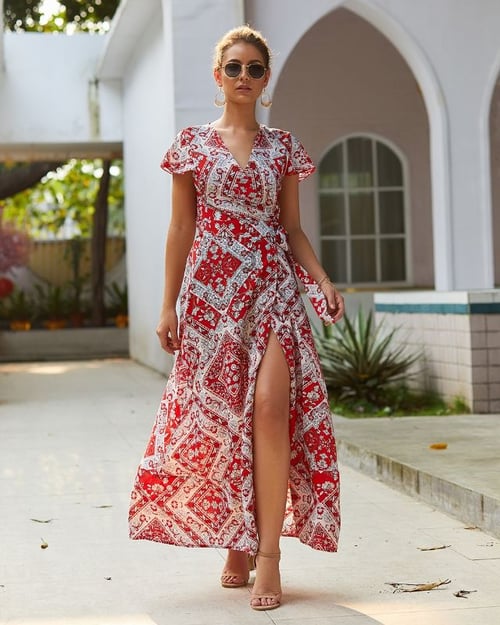 Summer Womens Short Sleeve Boho Floral Holiday Maxi Dress Ladies Beach Sundress