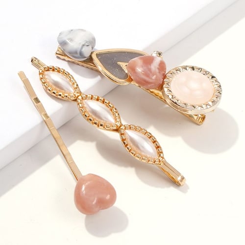 JIACUO 3Pcs/Set Women Fresh Style Alloy Hairpin Candy Color Resin Heart Stone Hair Clip Faux Pearl Jewelry Side Bangs Hair Accessories