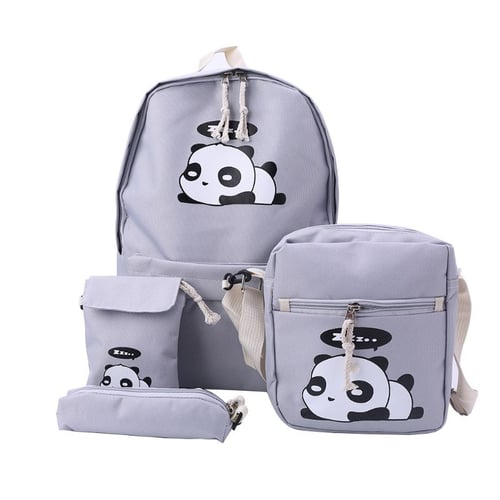4Pcs/Set Women Panda Print Canvas Backpack Laptop School Shoulder Bag Travel Bag 