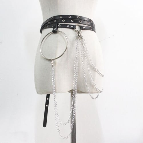 Women Waist Harness Belt Chain Punk PU Leather O-Rings Adjustable Choker Harness with Buckles Black