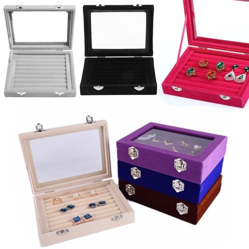 Velvet Glass Jewelry Display Organizer Box Tray Holder Earring Ring Storage Case 