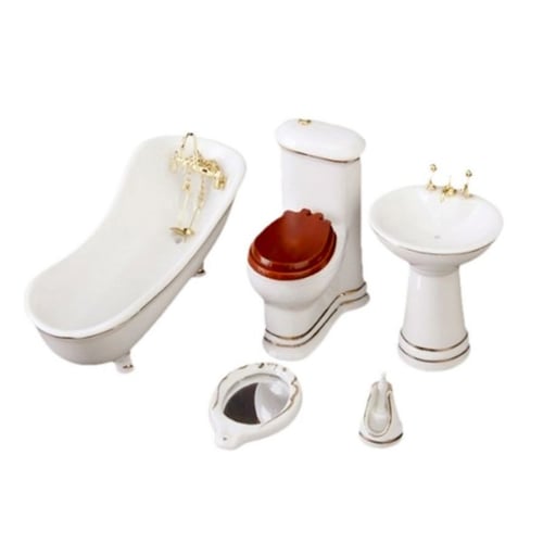 Miniature Bathroom Set Dollhouse Toilet Bathtub 1/12 Ceramic Basin Porcelain New 