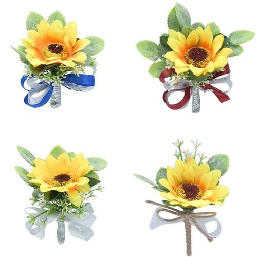 Handcrafted Groom Bride Wedding Boutonniere Artificial Sunflower Brooch Corsage 