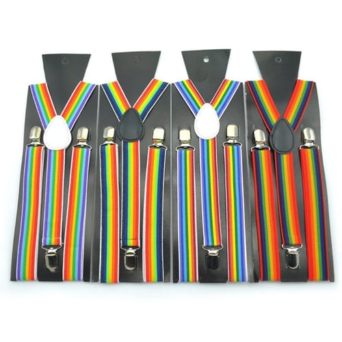 Metal Clips White Faux Leather Wide Rainbow Stripe Print Elastic Y Back Suspenders