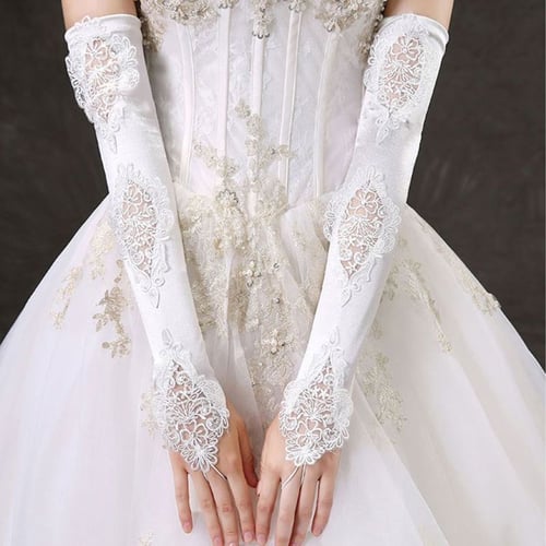 18" White Bridal Fingerless Satin Embroidered Gloves