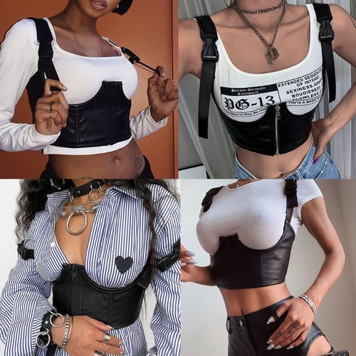 Womens Gothic Punk PU Leather Chest Support Vest Black Bustier Crop Top Metal Buckle Corset Top