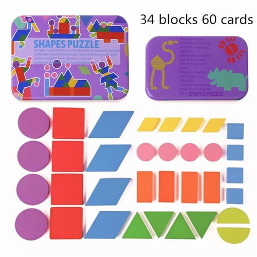 Wooden Pattern Blocks Tangram Shape Puzzle Set Color Sorting Stacking Game Hot