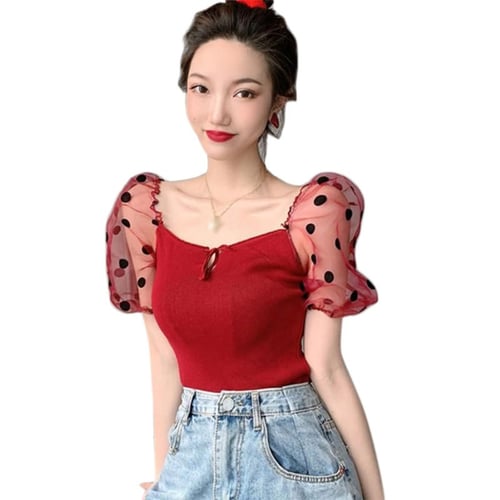Women's Ladies Fine Knitted Polka Dots Mesh Puff Sleeve Ribbed Shirt Jumper Top
