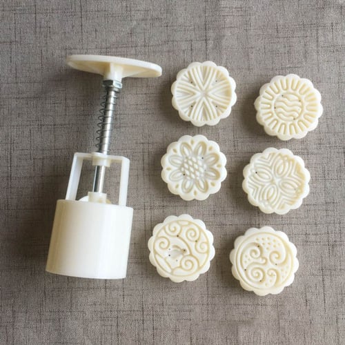 50g Mooncake Barrel Mold with 6pcs Flower Stamps Hand Press Moon Cake Pastry DIY