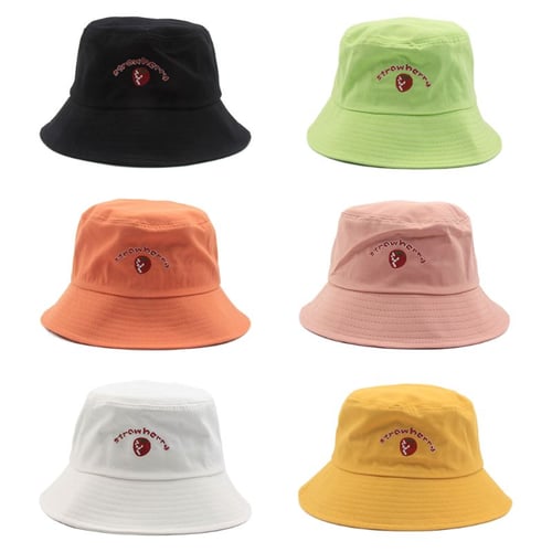 Women Folding Letter Strawberry Embroidery Bucket Hat Summer Fishing,Outdoor Cap 