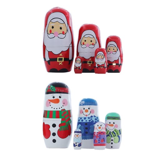 5Pcs Russian Wooden Nesting Matryoshka Christmas Snowman Stacking  Printed Dolls 