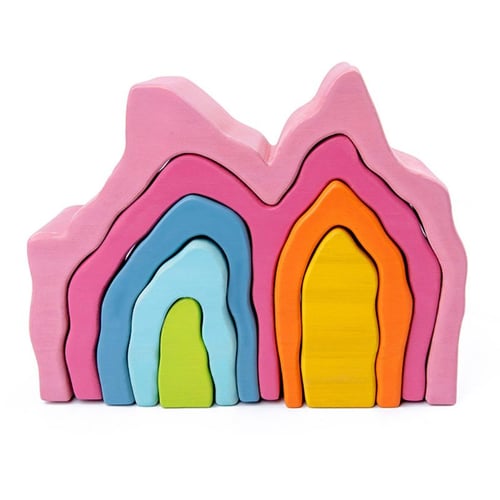 Kid Wooden Rainbow Building Blocks Volcano Hand-Eye Puzzle Educational Gift Toy 