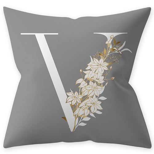 Gold Floral 26 Alphabet Gray Pillow Case Letters Polyester Velvet Cushion Cover
