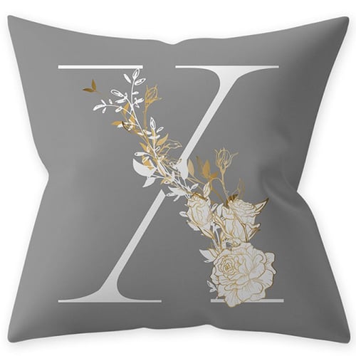 Gold Floral 26 Alphabet Gray Pillow Case Letters Polyester Velvet Cushion Cover