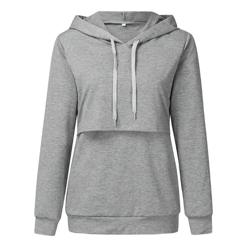 Plus Size Nursing Hoodies,Pregnancy Breastfeeding Double Layers Hooded Tops Maternity Solid Long Sleeves Casual Clothes