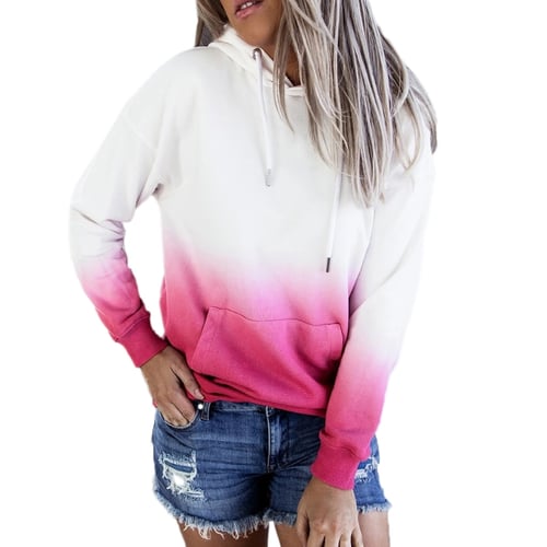 Domple Women Loose Fit Drawstring Long Sleeve Ombre Pullover Hoodie Sweatshirts