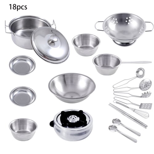 12pcs Stainless Steel Pots and Pans Cookware Pretend Kitchen Play Set for Kids 