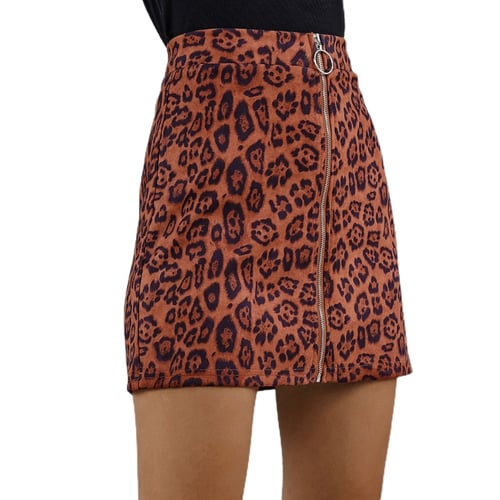 WDIRARA Womens Casual Mid Waist Above Knee Zip Up Leopard Print Skirt