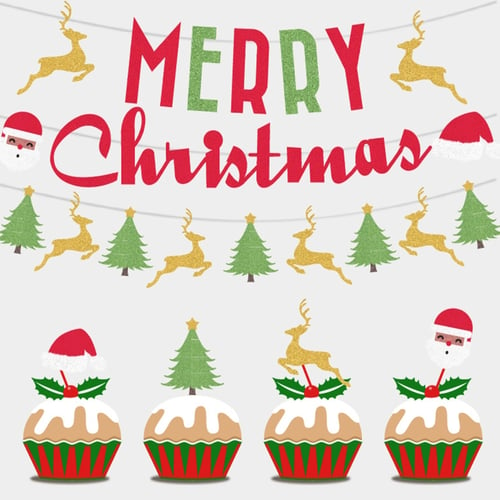 12 Xmas Christmas Cupcake Topper 12 Wrapper Party Supplies Santa Snowman Tree