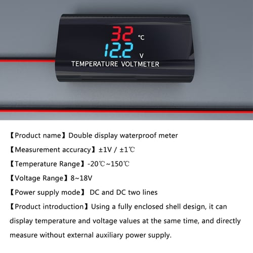 Waterproof 12V DC Voltmeter Thermometer 0.28inch Dual Display for Car Motorcycle 