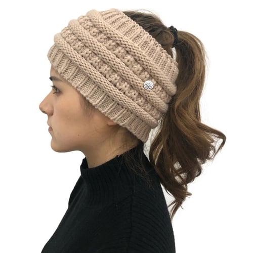 Women's thick winter Knitted Wooly Headband Ponytail Head Wrap Warm Ear Beanie 