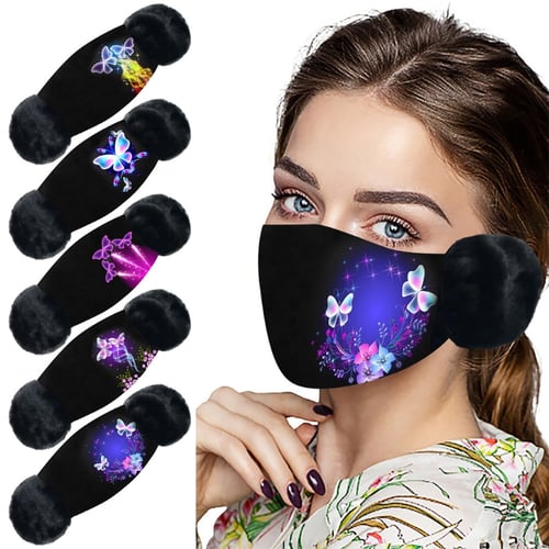 Winter Windproof Colorful Butterfly Print Washable Face Mask with Plush Earmuffs 