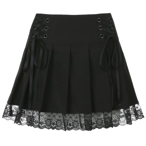 Womens High Waist Lace Trim Pleated Skirt Casual Ruffle Plaid Miniskirt Clubwear