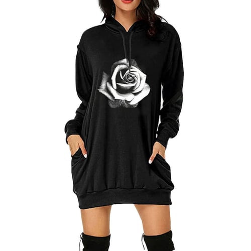 Womens Long Sleeve Hooded Meow Cats Loose Casual Pullover Hoodie Dress Tunic Sweatshirt Dress with Pockets 