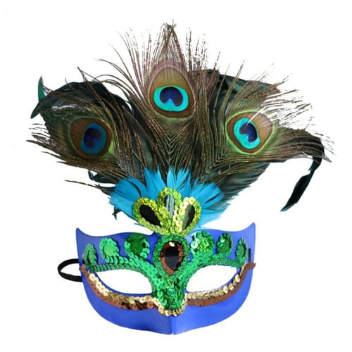 Womens Masquerade Peacock Feather Mask Glitter Sequins Half Face Cover Cosplay 