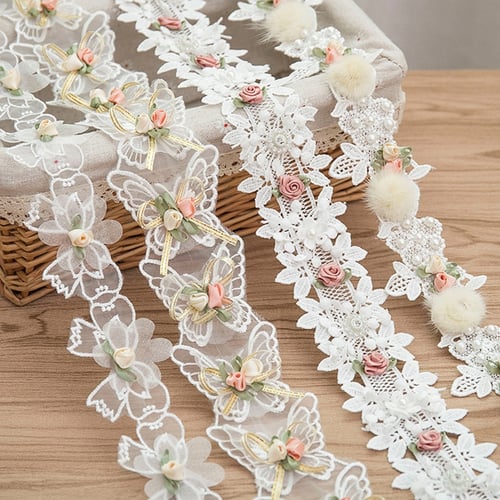 1 Yard Flower Leaves Handmade Embroidered Lace Trim Rose Ribbon Sewing Applique 