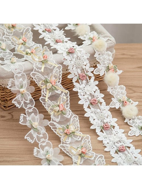 1 Yard Embroidered Rose Flowers Floral Applique Lace Trims Ribbon For Sewing DIY 