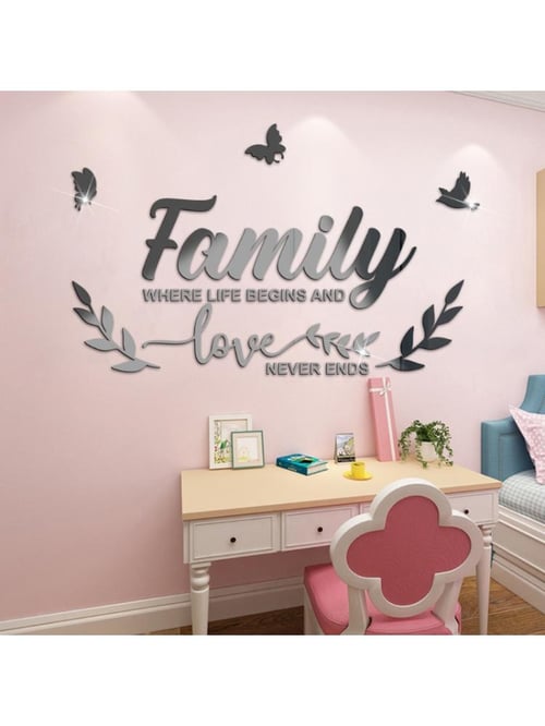 34 Pieces Home Letters Sticker 3D Acrylic Mirror Wall Stickers DIY Mirror Butterfly Combination Decors Removable Flowers Mirror Wall Decal for Home Decoration Office Living Room Silver 
