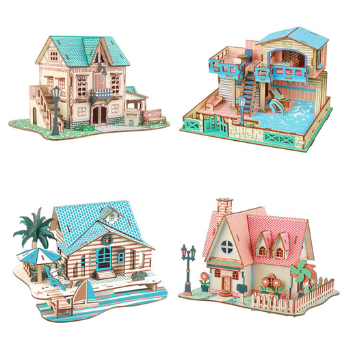 Assembly DIY Education Toy 3D Wooden Model Puzzles Bali Seaside Vacation House 