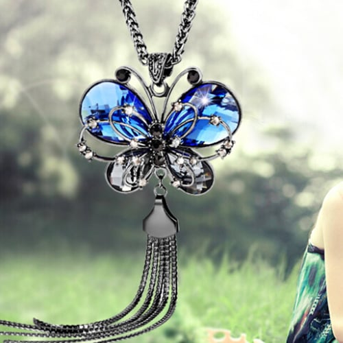 Fashion Crystal Bowknot Pendant Long Necklace Rhinestone Butterfly Sweater Chain 