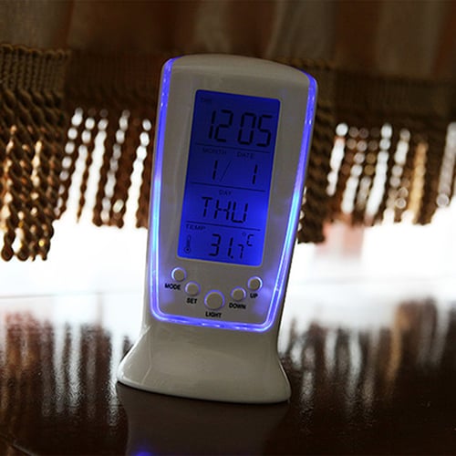 Desk Digital LCD Alarm Clock Calendar Thermometer Temperature Blue LED Backlight 