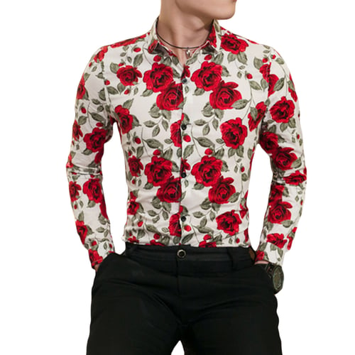 Stylish Slim Fit Button Down Long Sleeve Floral Shirt Mens Casual Shirt