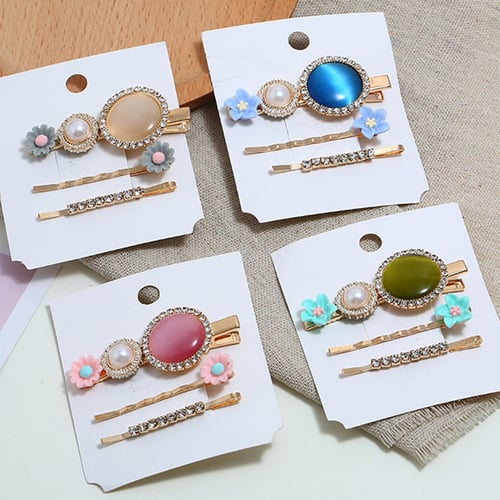 JIACUO 3Pcs/Set Women Fresh Style Alloy Hairpin Candy Color Resin Heart Stone Hair Clip Faux Pearl Jewelry Side Bangs Hair Accessories