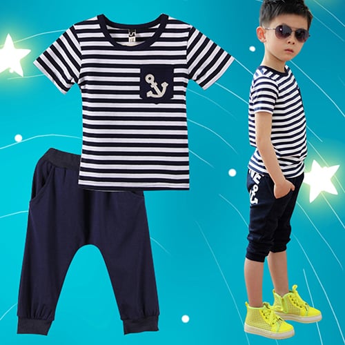 Hot sale summer clothing sets Top+pants boys Navy Stripe kids clothes tracksuit 