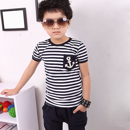 Children Kids Boys Clothes Clothing Navy Striped Short Sleeve T-shirt And Pants 