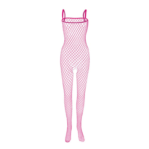 FISHNET LONG SLEEVE OPEN CROTCH PINK BODYSTOCKING Size One Size & Plus Size 