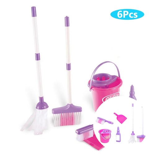 6Pcs Kids Simulation Broom Mop Bucket Brush Cleaning Tool Pretend Play Toy Set 