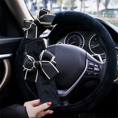 Plush Black Steering Wheel Cover & Seat Belt Shoulder Pads for Auto-Car-Truck 