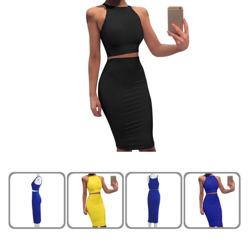 Woman 2pcs dress set Solid Color Crop Vest+Bandage irregular Skirt S-XL 3 Color