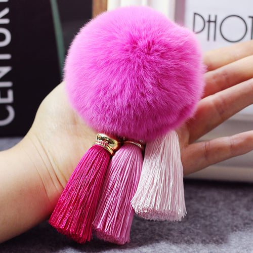 Cute Key Chains Flamingo Key Ring Fur Ball Pom Pom Keychain for Bag Cellphone Car Key Pendant Dark Pink 