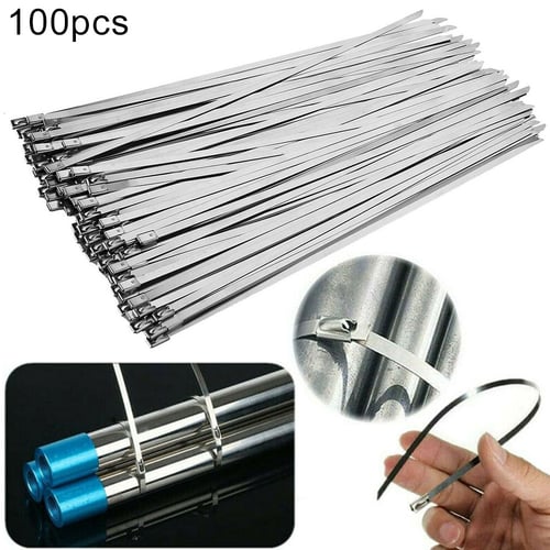 100 Pcs 304 Stainless Steel 12" Exhaust Wrap Coated Metal Locking Cable Zip Ties 