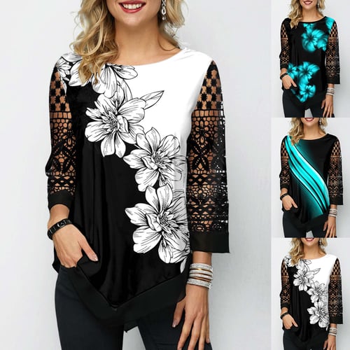 Womens Floral V Neck Long Sleeve Patchwork Tops Blouse Casual Loose Shirt Tee