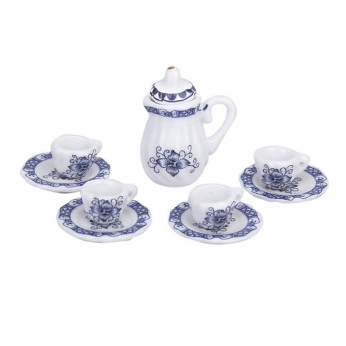 1/12th Dollhouse Miniatures Dining Ware Blue Porcelain Ceramic Tea Set 