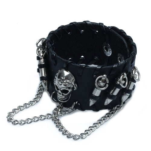 Men's Women's Skull Stainles Steel Chain Bullet Leather Bracelet Wristband Black 