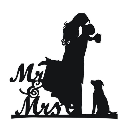 Cake Topper With Dog Pet Mr & Mrs Bride and Groom Silhouette Funny Wedding HO 