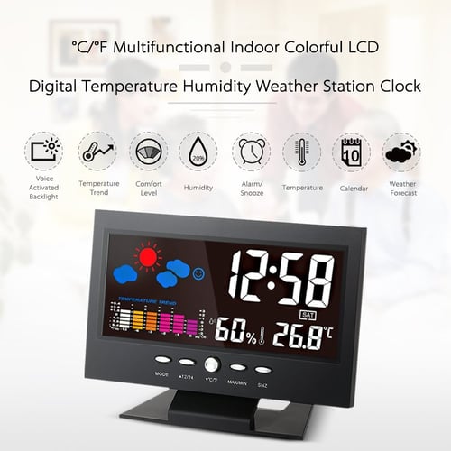 Digital Alarm Clock Snooze Calendar LED Display Weather Thermometer Hygrometer 